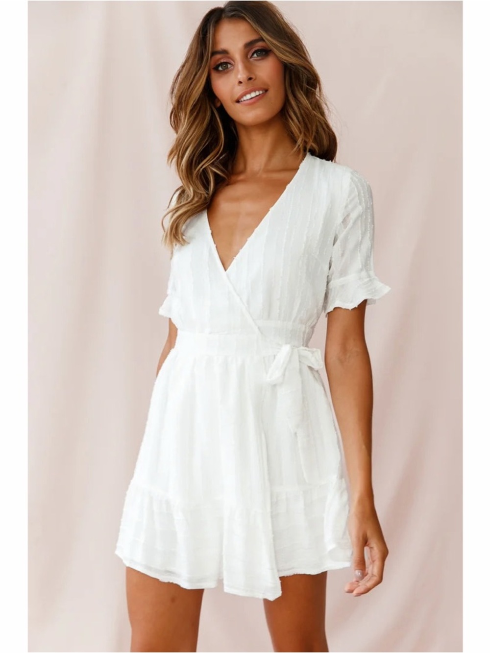 Polly‎ White V-Neckline Wrap Mini Dress